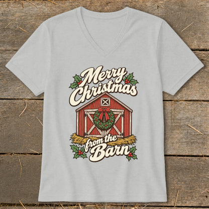 Light gray t-shirt with red barn, wreath, and "Merry Christmas from the Barn" text.