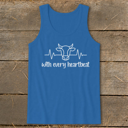 Blue tank top with white cow heartbeat graphic and text "with every heartbeat".