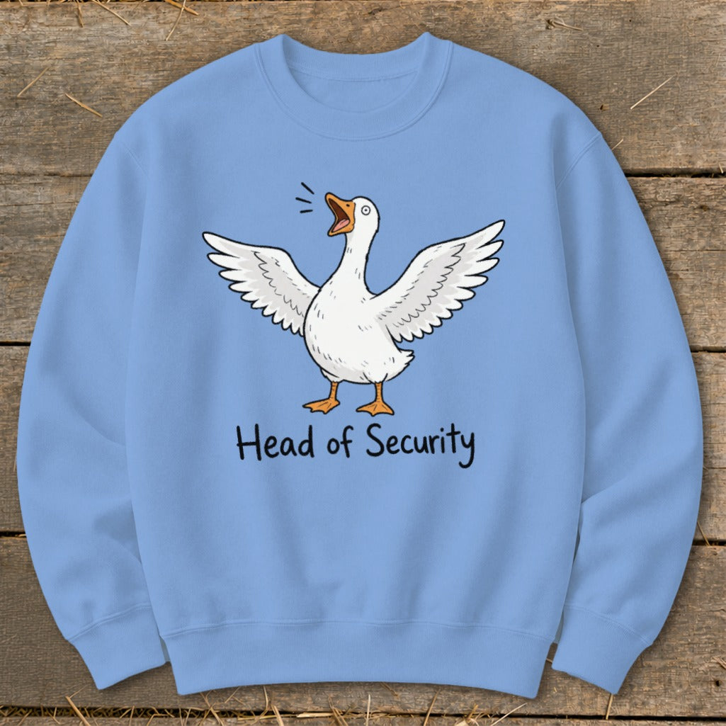 Light blue sweatshirt with a cartoon goose and "Head of Security" text.