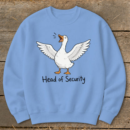 Light blue sweatshirt with a cartoon goose and "Head of Security" text.