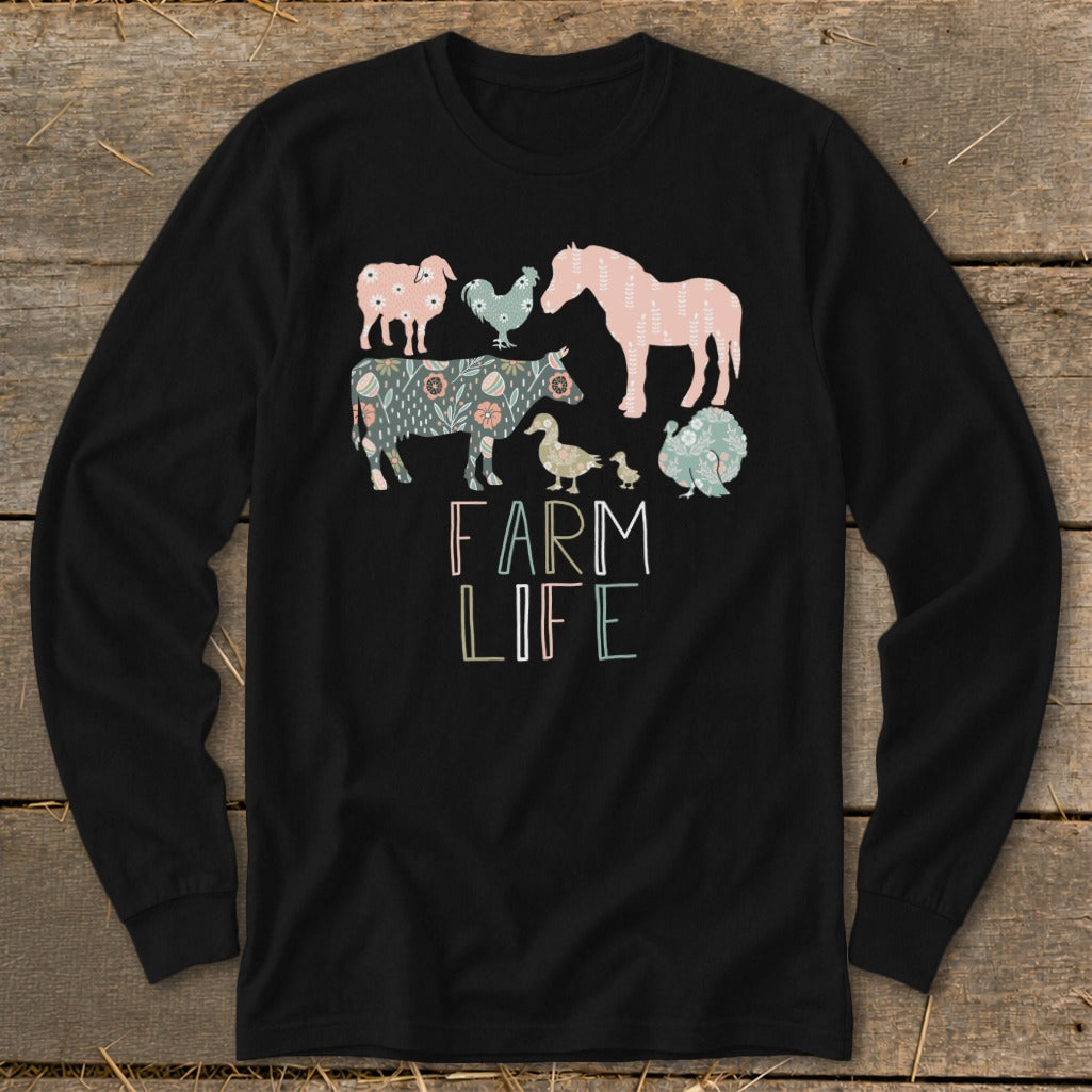 Black long sleeve shirt with "FARM LIFE" text and a farm animal graphic.