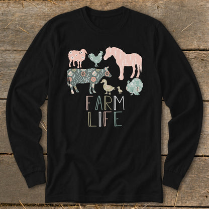 Black long sleeve shirt with "FARM LIFE" text and a farm animal graphic.