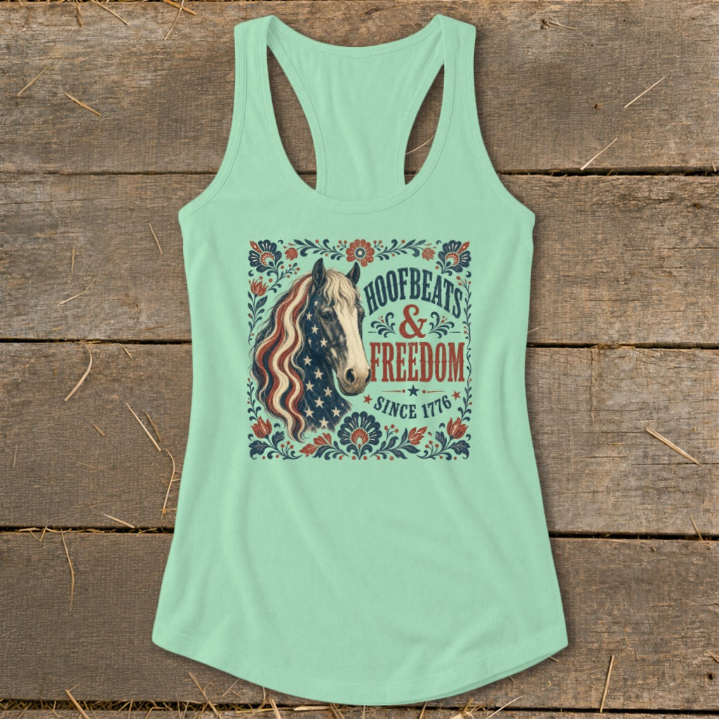 Mint tank top with horse graphic, "Hoofbeats & Freedom Since 1776".