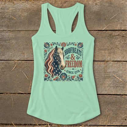 Mint tank top with horse graphic, "Hoofbeats & Freedom Since 1776".