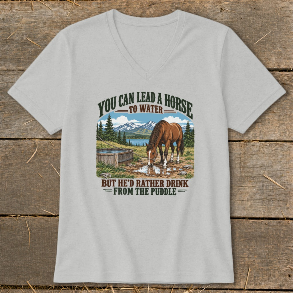 Light gray v-neck t-shirt featuring graphic text and an illustration of a horse drinking from a puddle.
