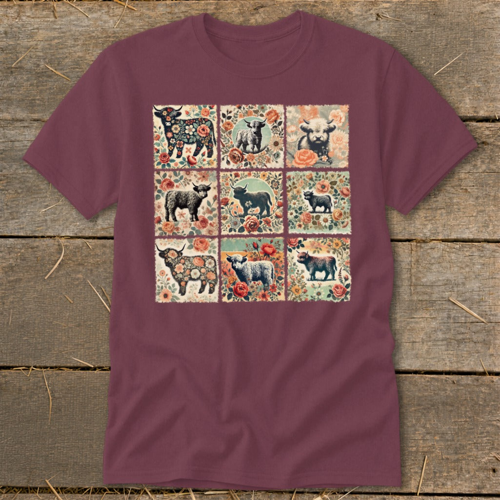 T-shirt with a nine-panel floral print featuring highland cows and sheep.