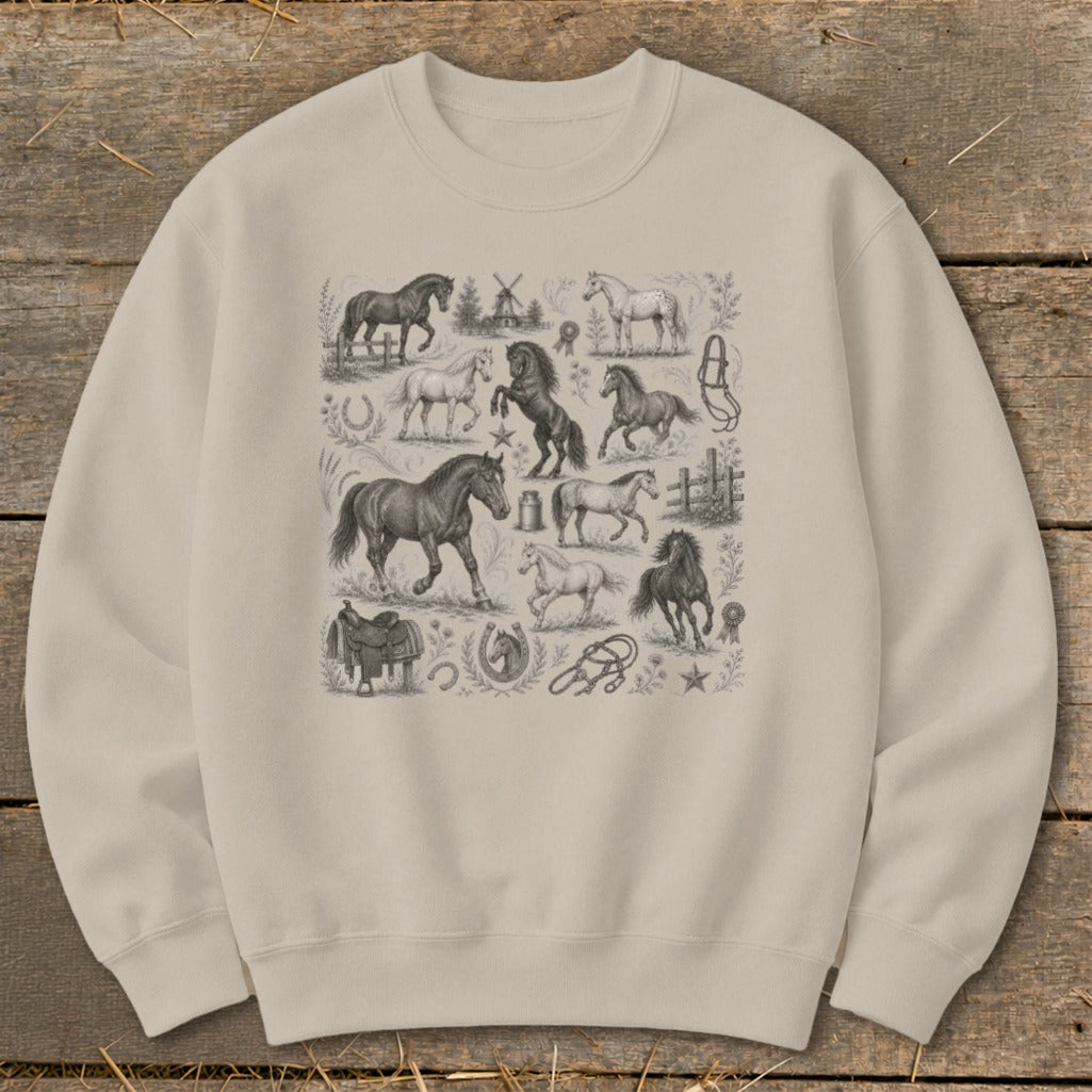 Crewneck sweatshirt with a vintage-style collage of horses and equestrian elements.