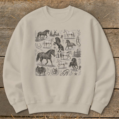Crewneck sweatshirt with a vintage-style collage of horses and equestrian elements.