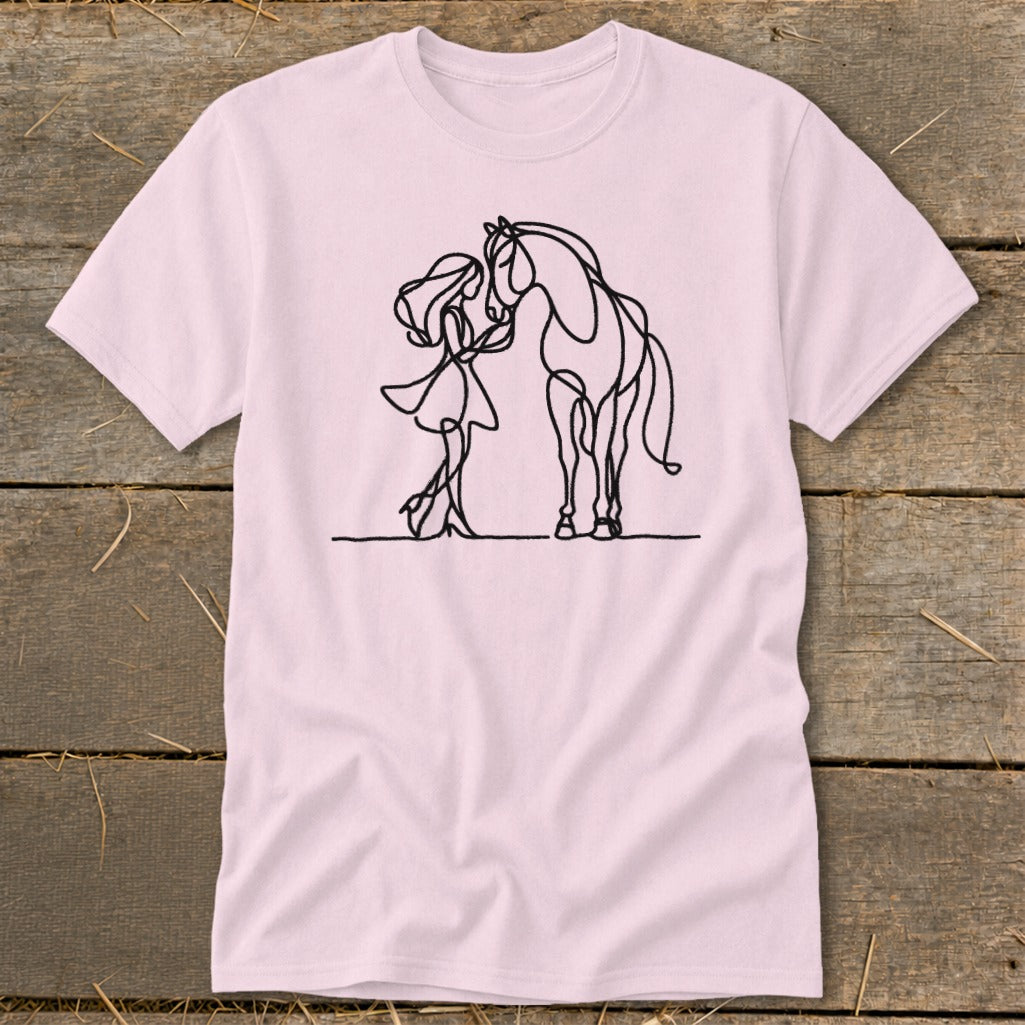 Line drawing of a girl and horse on a pink t-shirt.