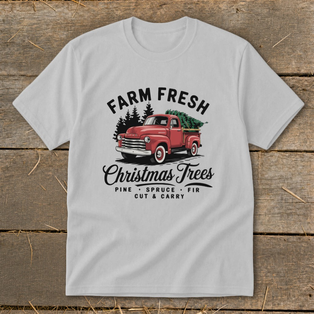 Red vintage truck carrying Christmas trees with "Farm Fresh Christmas Trees" text.
