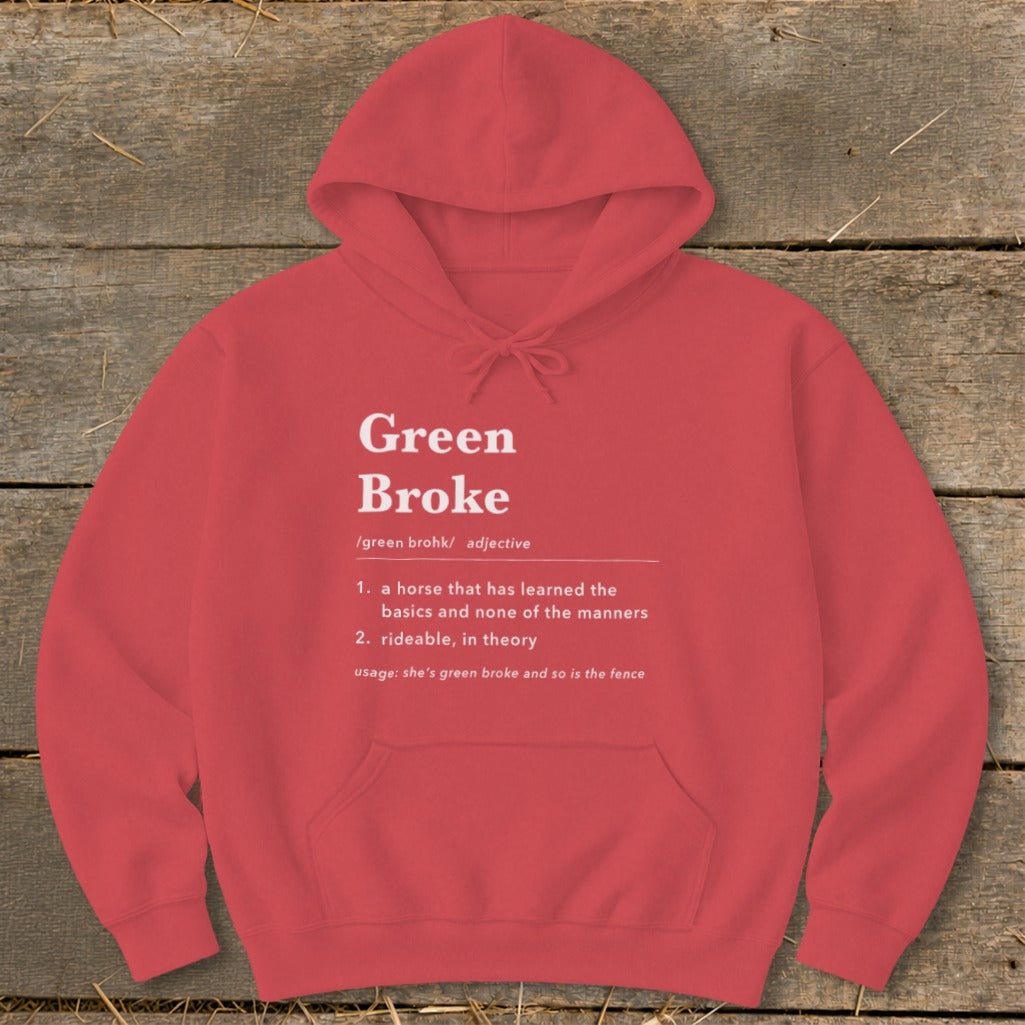 Red hooded sweatshirt featuring dictionary definition text centered on the chest, laid flat against wood.