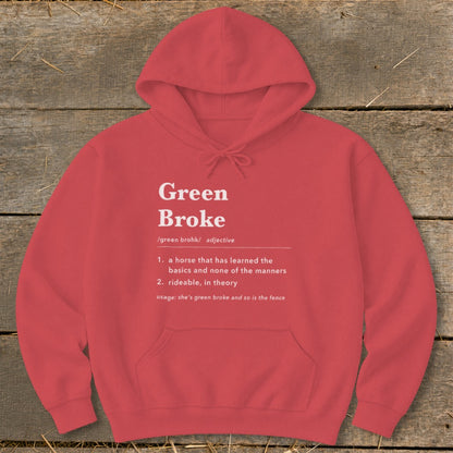 Red hooded sweatshirt featuring dictionary definition text centered on the chest, laid flat against wood.