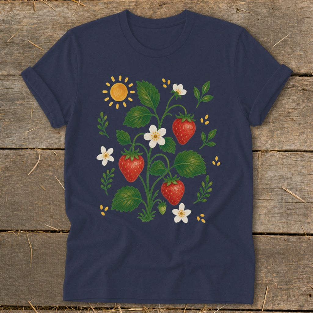 Dark blue t-shirt with a playful strawberry plant illustration featuring fruit, flowers, and sun.