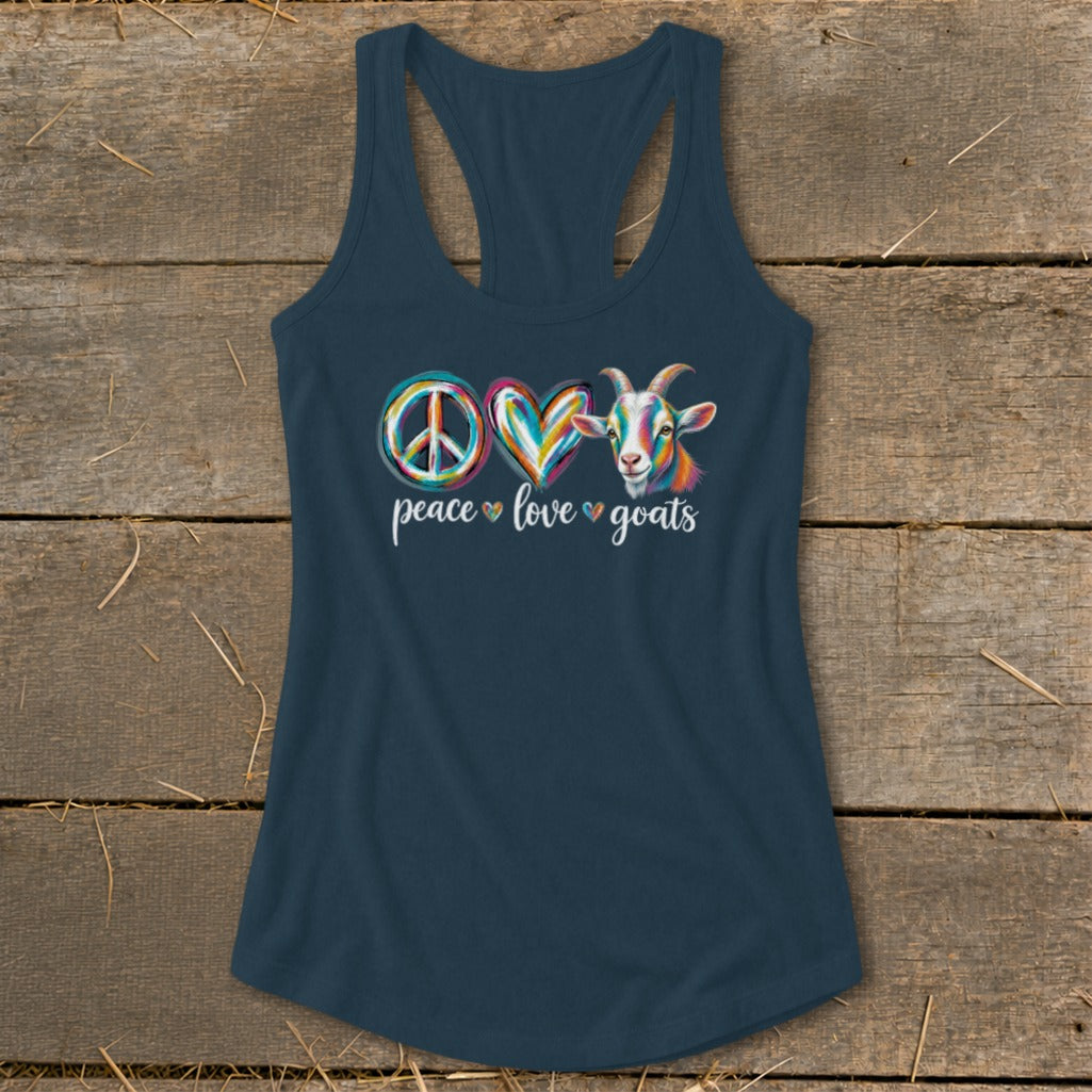 Peace, Love, Goats graphic on a dark blue tank top.