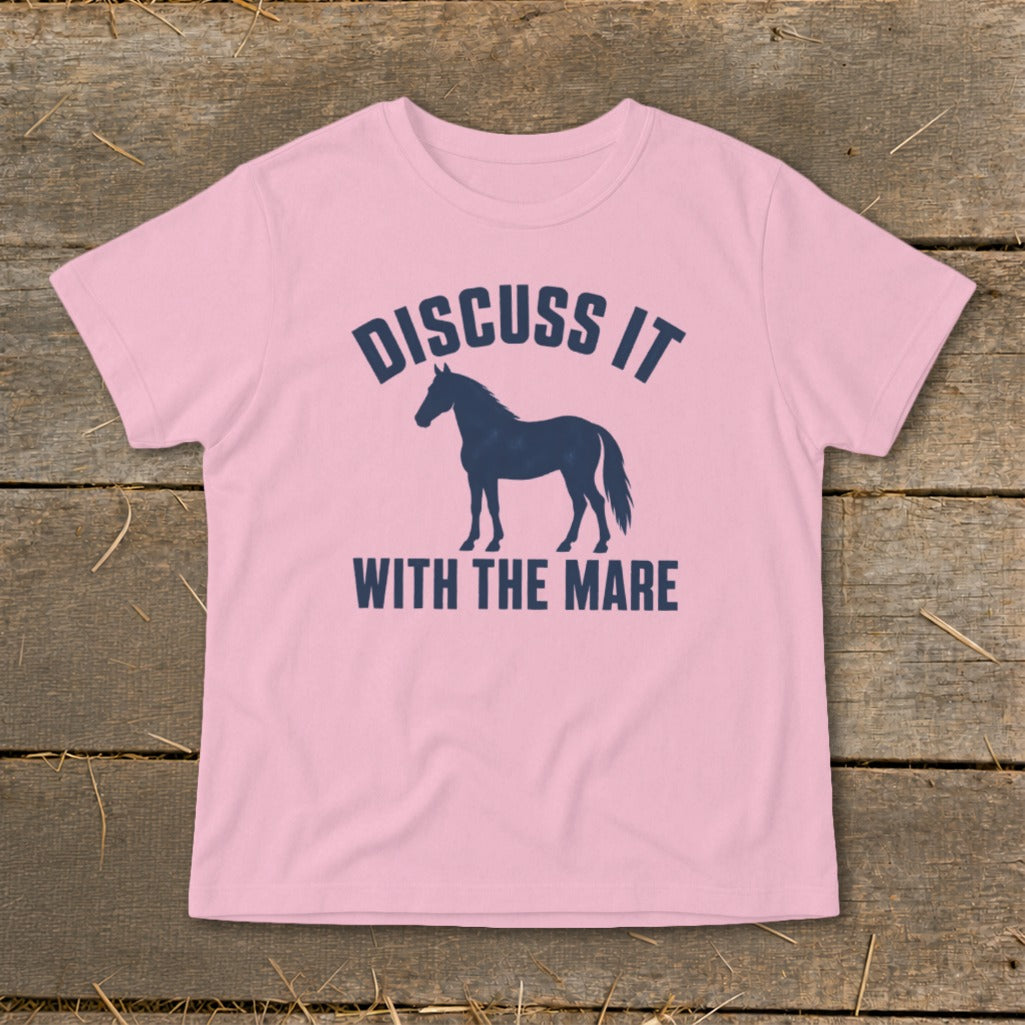 Pink t-shirt with navy blue horse silhouette and text "Discuss It With The Mare".