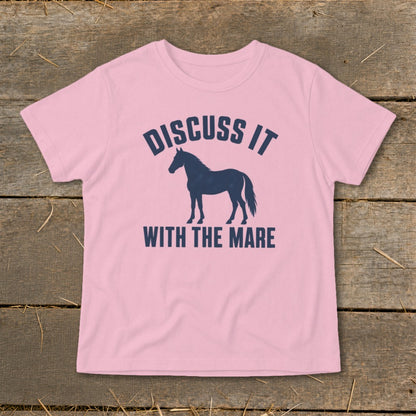 Pink t-shirt with navy blue horse silhouette and text "Discuss It With The Mare".
