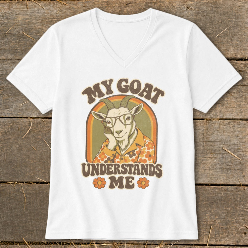 White t-shirt with a graphic of a goat wearing glasses and a floral shirt.