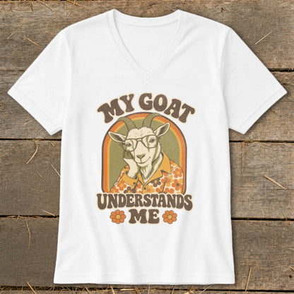 White t-shirt with a graphic of a goat wearing glasses and a floral shirt.
