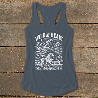 Tank top with "WILD AT HEART" text and a horse illustration with galloping horses above.