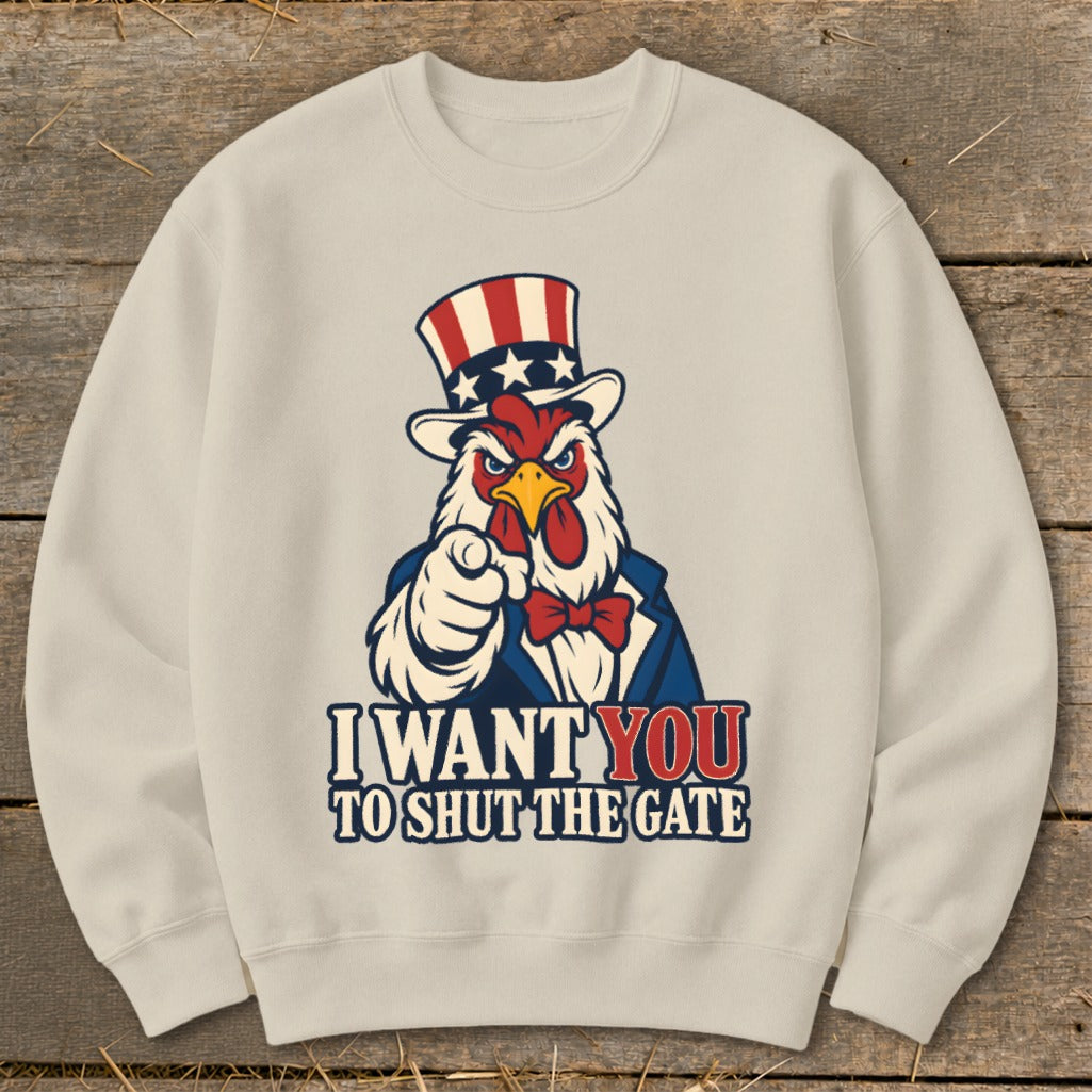 Chicken in Uncle Sam hat pointing finger with text "I Want You To Shut The Gate".