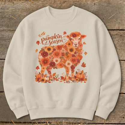 Sheep graphic with "Pumpkin Season" text, decorated with fall flowers and pumpkins.