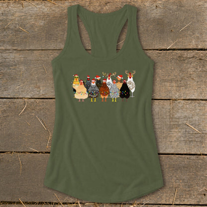 Olive green tank top with a Christmas chicken print and festive accessories.