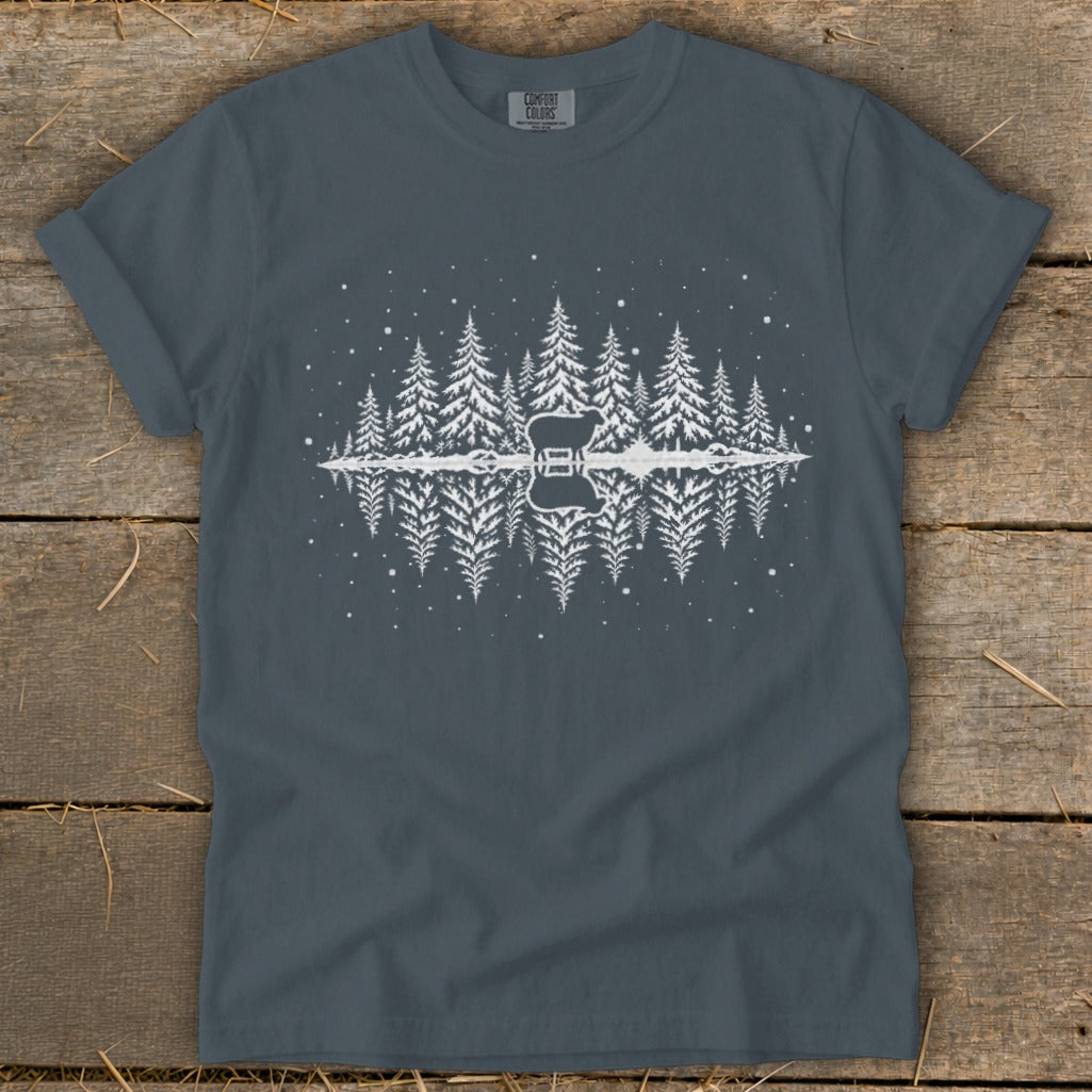 T-shirt with white graphic of sheep, trees, and reflection in water.