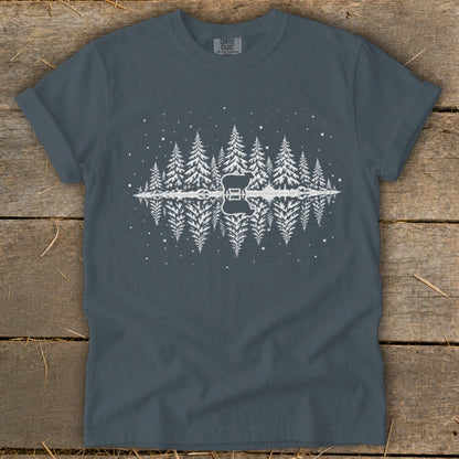 T-shirt with white graphic of sheep, trees, and reflection in water.