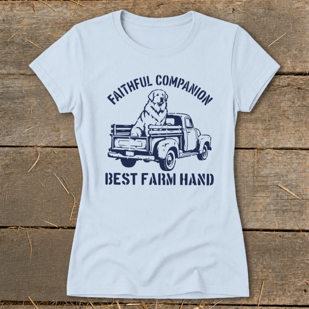Dog in a pickup truck with text "Faithful Companion" and "Best Farm Hand".