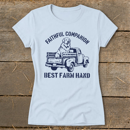 Dog in a pickup truck with text "Faithful Companion" and "Best Farm Hand".