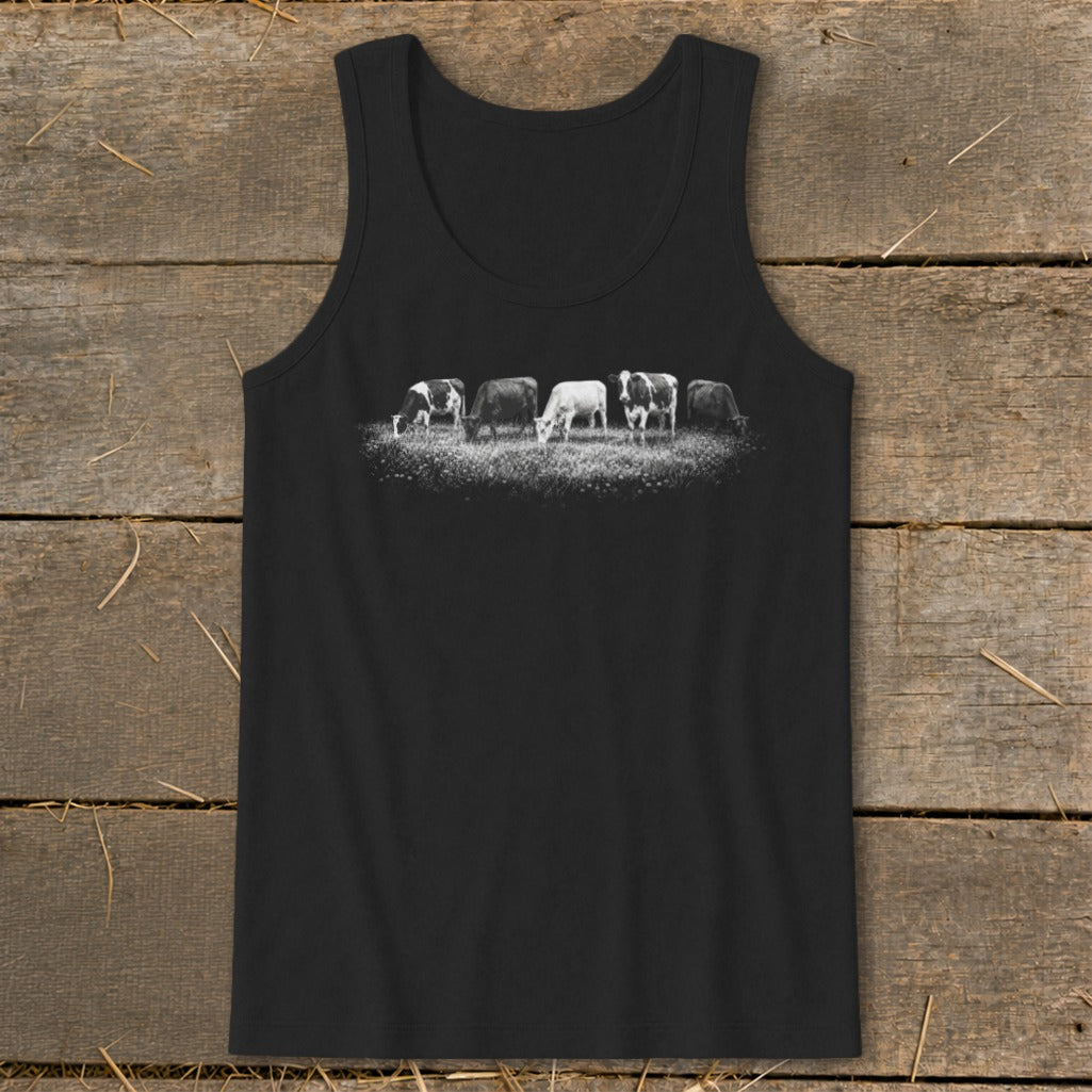 Black tank top with a graphic of five cows grazing in a field.