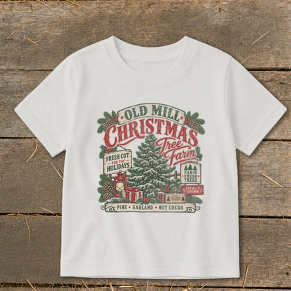 Old Mill Christmas Tree Farm graphic with pine, gifts, and hot cocoa.
