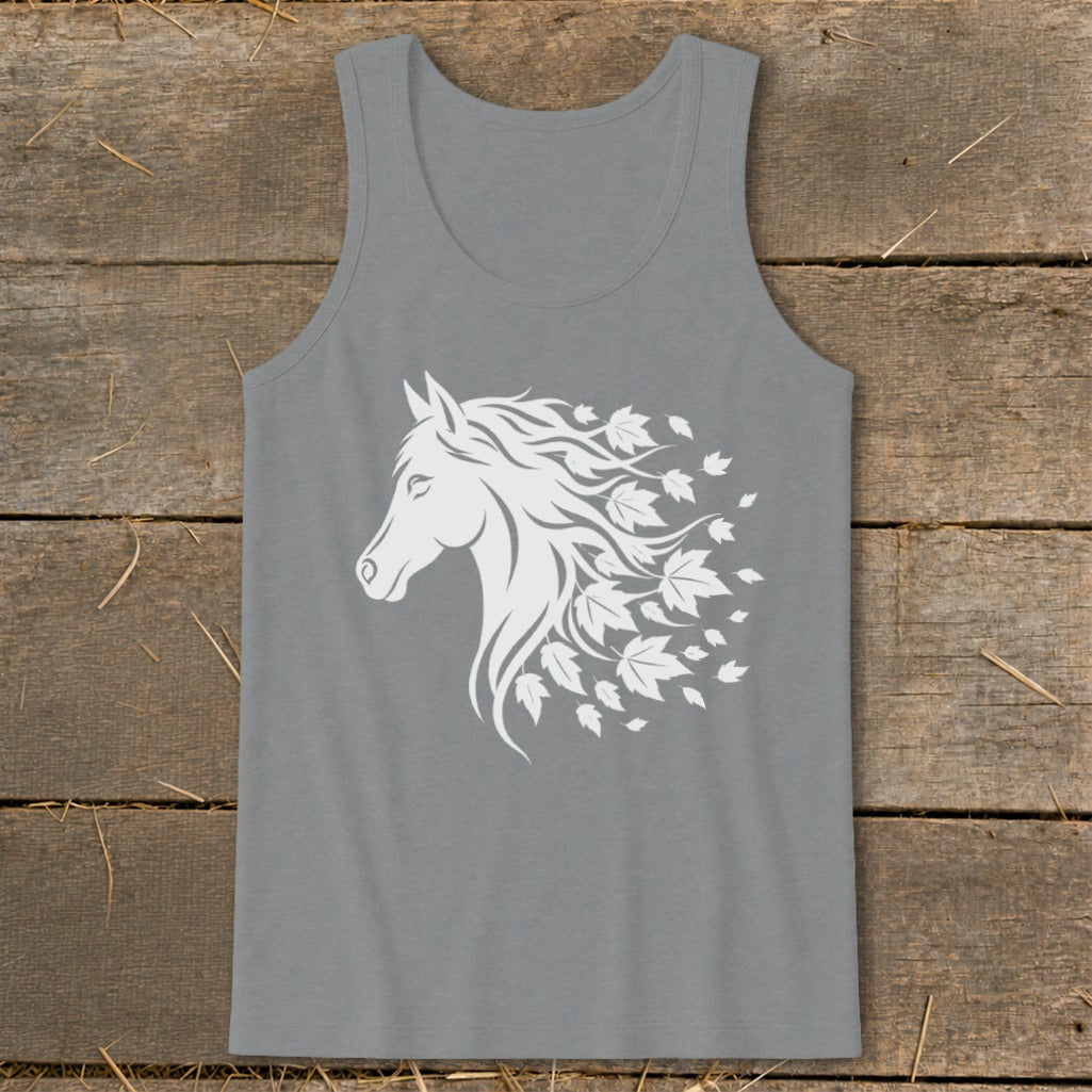 Grey tank top with a white horse head silhouette and falling leaves design.