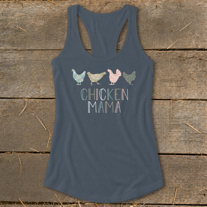 Gray tank top with "Chicken Mama" text and four patterned chickens.