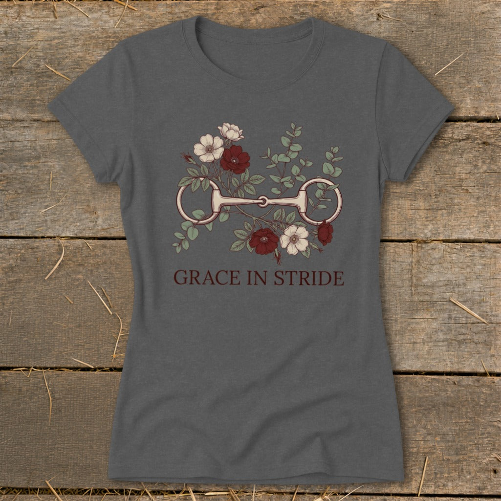 Dark gray t-shirt with horse bit and floral design, and text "GRACE IN STRIDE".