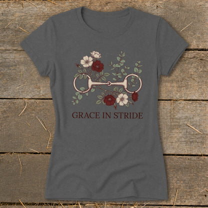 Dark gray t-shirt with horse bit and floral design, and text "GRACE IN STRIDE".
