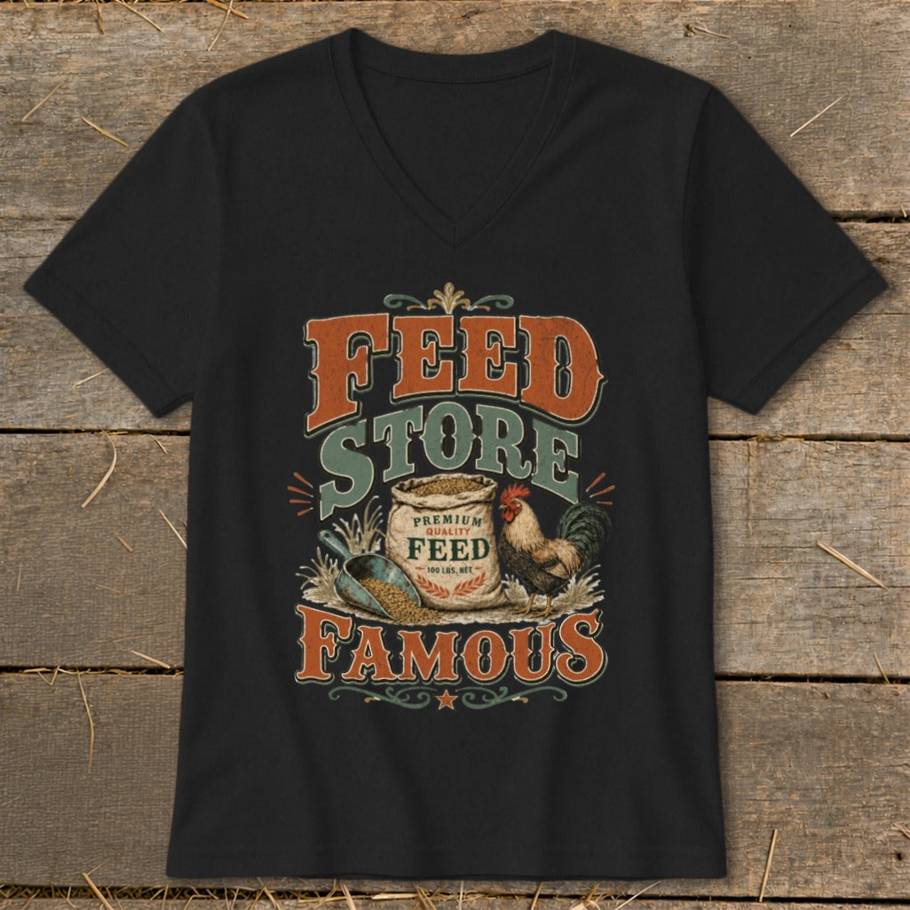 Black t-shirt with "Feed Store Famous" graphic featuring a rooster and bag of feed.