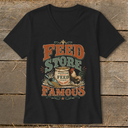 Black t-shirt with "Feed Store Famous" graphic featuring a rooster and bag of feed.
