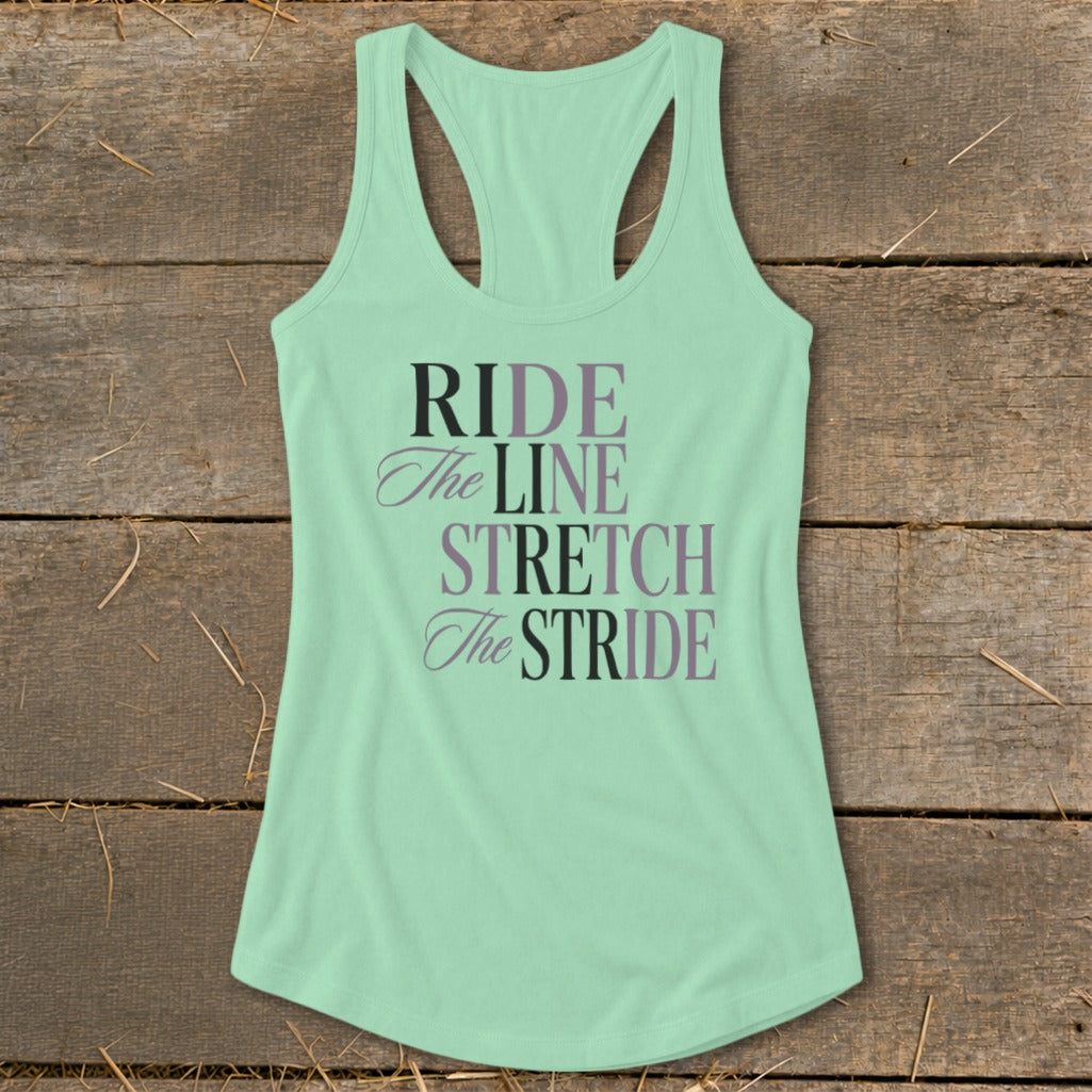 Mint green tank top with text "RIDE The LINE STRETCH The STRIDE".