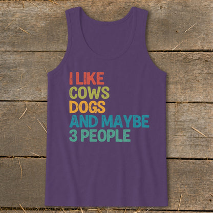 Purple tank top with "I Like Cows Dogs And Maybe 3 People" text.