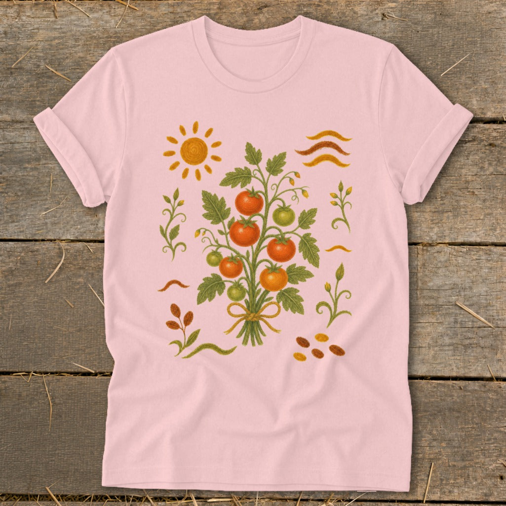 Pink t-shirt with a hand-drawn bouquet of tomatoes, sun, and abstract elements.