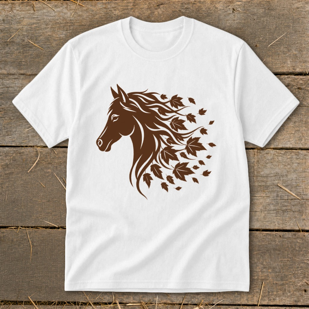 White t-shirt with a brown horse head silhouette and falling leaves design.