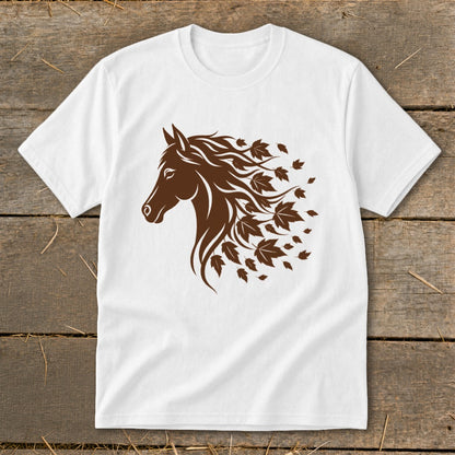 White t-shirt with a brown horse head silhouette and falling leaves design.