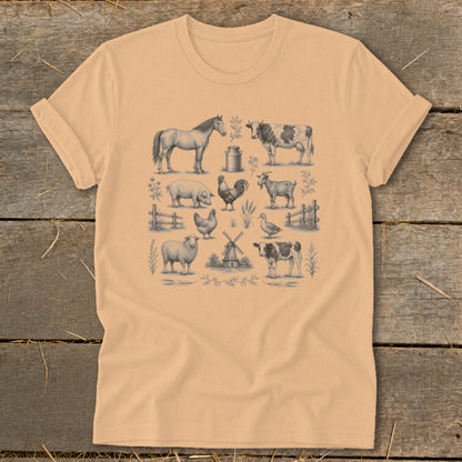 Farm animals including a horse, cow, pig, sheep, rooster, goat, and duck.