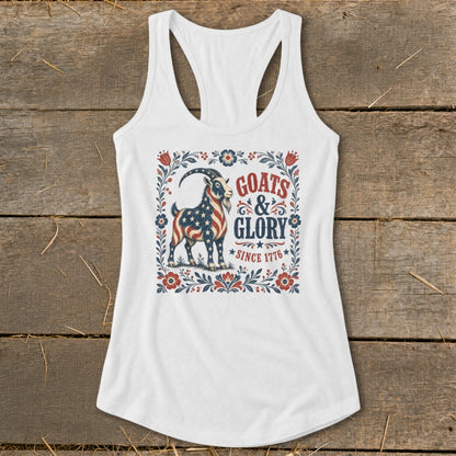 White tank top with a goat design and text "Goats & Glory Since 1776".