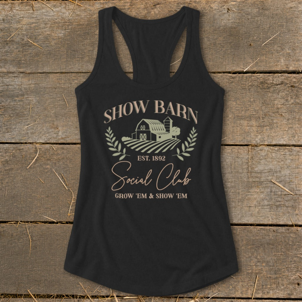 Black tank top with "Show Barn Social Club" and barn graphic.