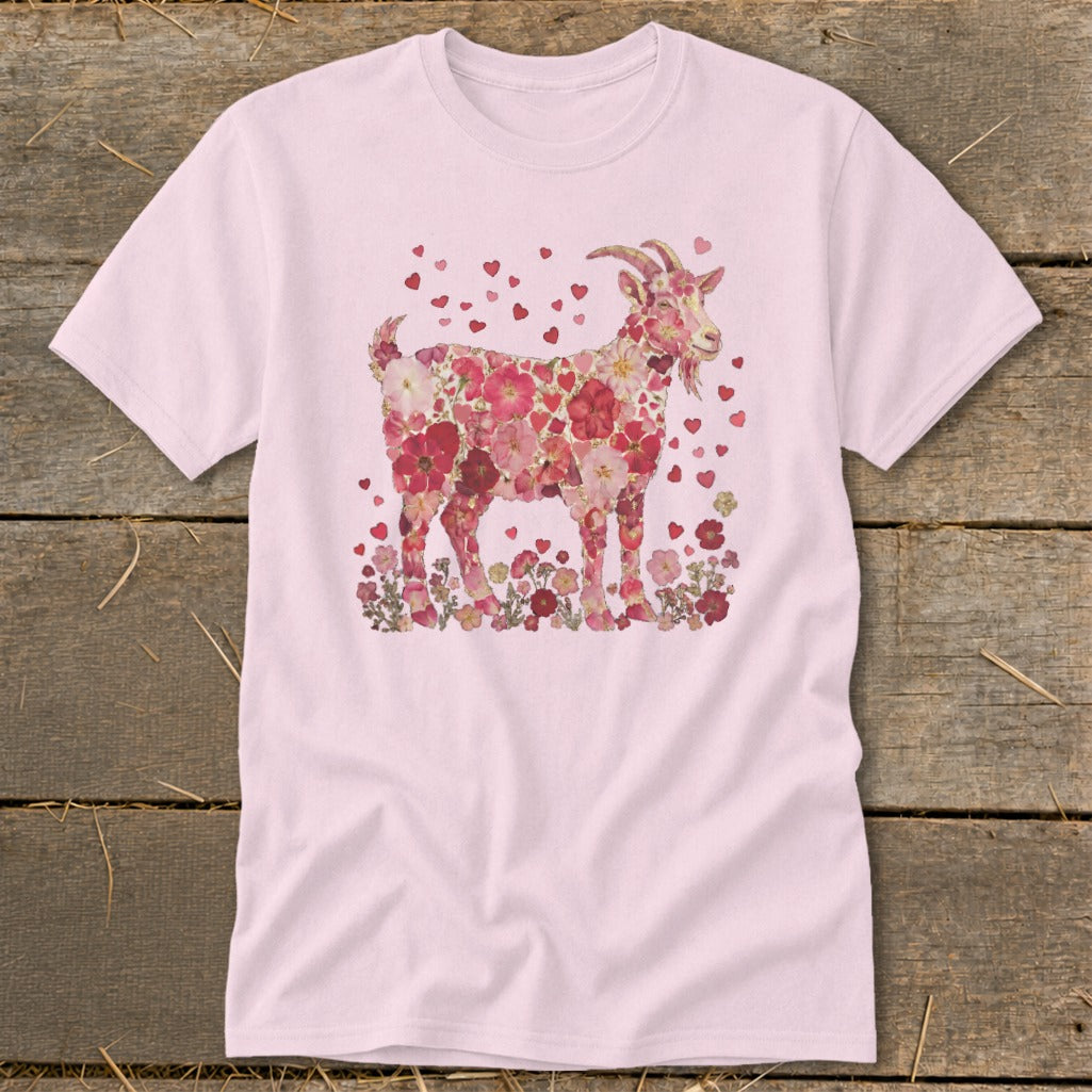 Pink t-shirt with a goat illustration made of pink and red flowers and hearts.