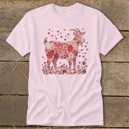 Pink t-shirt with a goat illustration made of pink and red flowers and hearts.