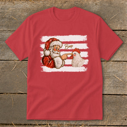 Santa boops a chicken with text that reads "Boop" on a distressed stripe background.