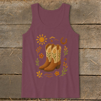 Maroon tank top with embroidered cowboy boots, sun, horseshoe, and floral details.